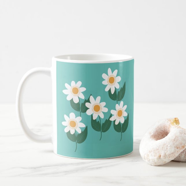 White Boho Daisy Flowers Coffee Mug (With Donut)