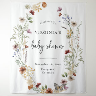 White Boho Floral Baby Shower Tapestry