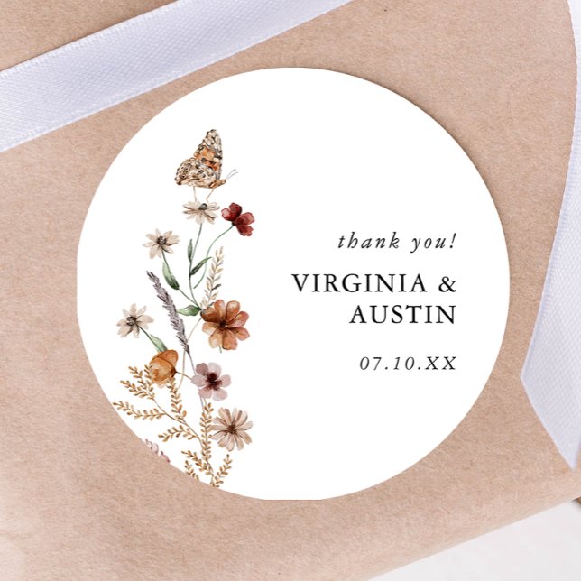 White Boho Floral Classic Round Sticker (White Boho Floral Classic Round Sticker with Butterfly by Painted Paperie
)