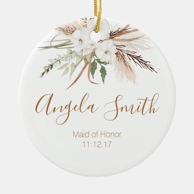 White Boho Floral Maid of Honor Christmas Ornament (Front)