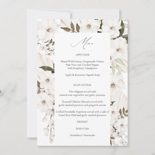 White Boho Floral Menu 2 Invitation (Front)