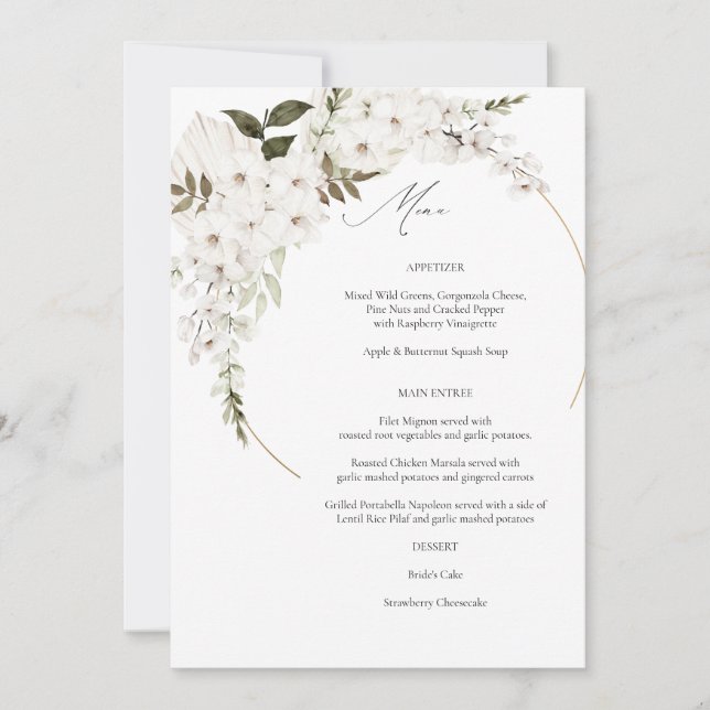 White Boho Floral Menu Invitation (Front)