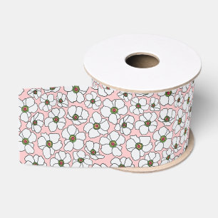 White Boho Floral Print On Pink Grosgrain Ribbon