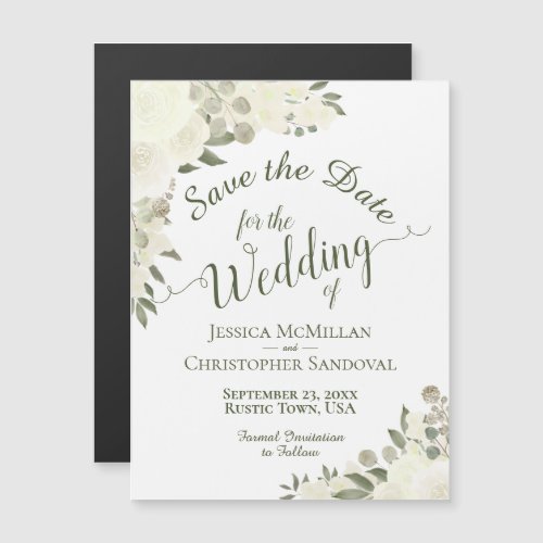 White Boho Floral Save the Date Calligraphy Magnet