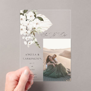 White Boho Floral Save the Date Photo Acrylic Invitations