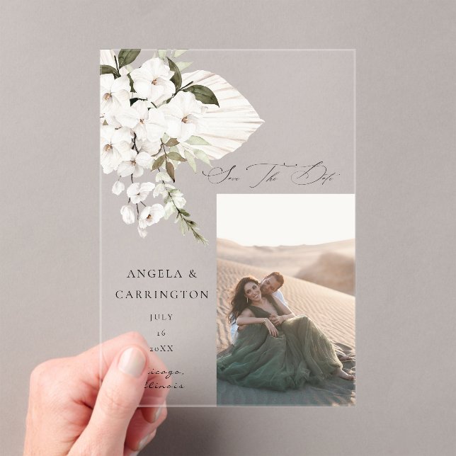 White Boho Floral Save the Date Photo Acrylic Invitations (Insitu (Handheld))
