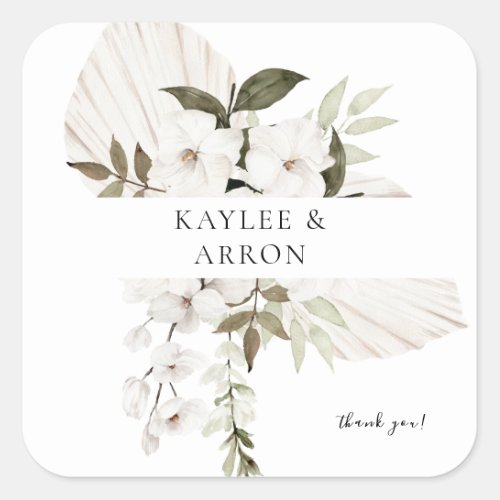 White Boho Floral Thank You Square Sticker