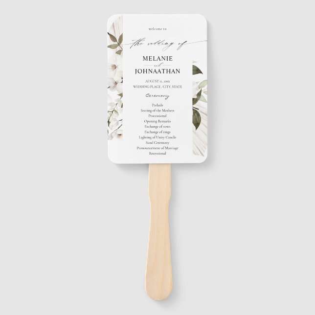 White Boho Floral Wedding Ceremony Program Hand Fan (Front)