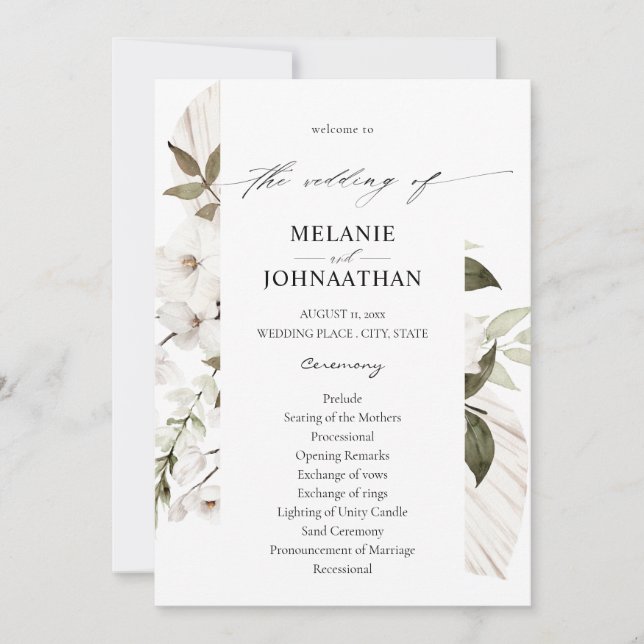 White Boho Floral Wedding Program (Front)