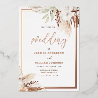 White Boho Floral Wedding Real Rose Gold  Foil Invitation