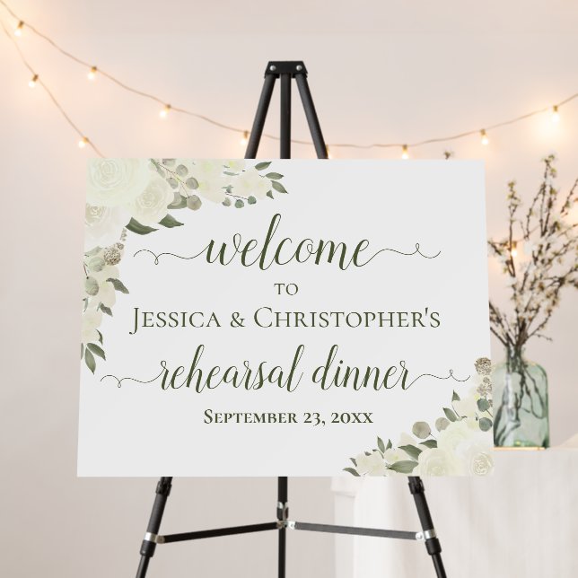 White Boho Floral Wedding Rehearsal Dinner Welcome Foam Board (In Situ (Stand))