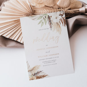 White Boho Flowers Sage Green Leaves Wedding Foil Invitation