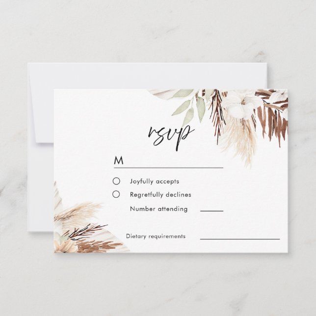 White Boho Flowers Sage Green Leaves Wedding RSVP Card (Front)