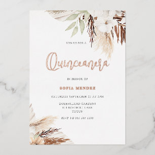 White Boho Flowers Sage Quinceanera Rose Gold Foil Invitation