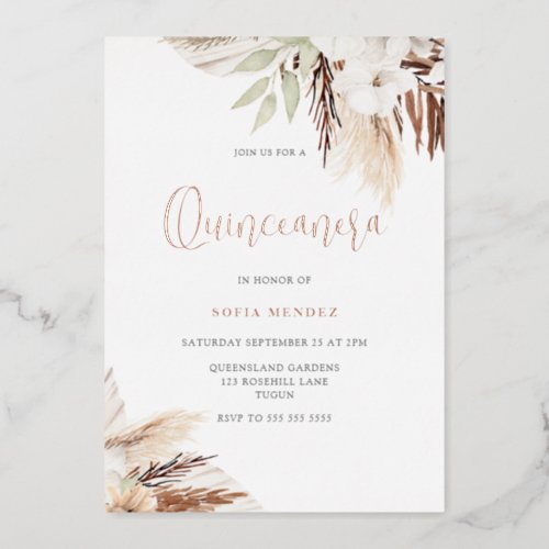 White Boho Flowers Sage Quinceanera Rose Gold Foil Invitation