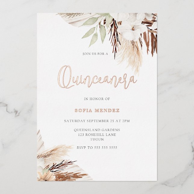White Boho Flowers Sage Quinceanera Rose Gold Foil Invitation (Front)