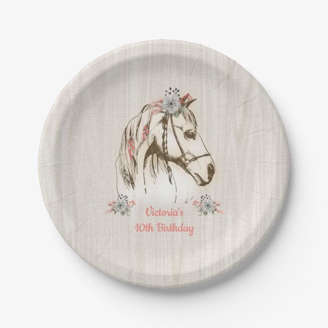 White boho Horse birthday party paper plates