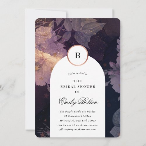 White Boho Purple Floral Arch Gold Bridal Shower Invitation