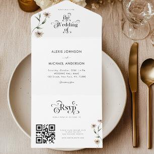 White Boho Retro Typography Wildflowers QR Code All In One Invitation