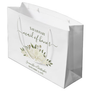 White Boho Roses Bouquet Wedding Maid of Honor Large Gift Bag