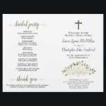 White Boho Roses DIY Fold Catholic Wedding Program<br><div class="desc">This beautiful program is designed for a Catholic ceremony. It features a rustic boho chic design with a hand painted watercolor roses and blossoms in shades of ivory, white, and cream. There is a crucifix or cross, with elegant sage green or olive colored script calligraphy for the names of the...</div>