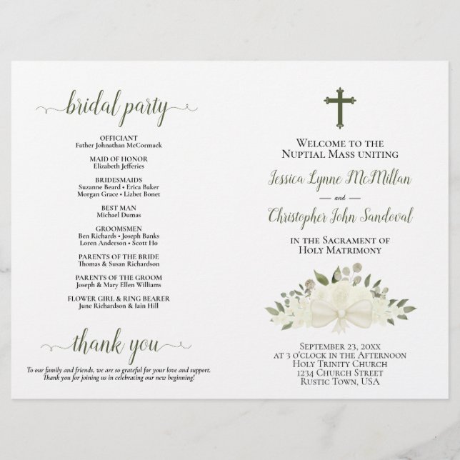 White Boho Roses DIY Fold Catholic Wedding Program (Front)