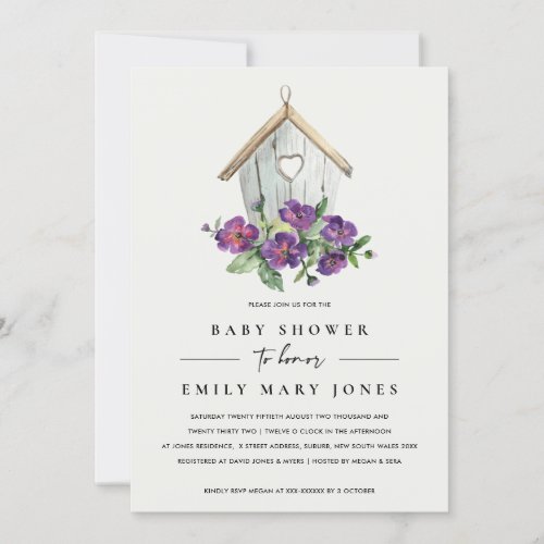WHITE BOHO RUSTIC FLORAL BIRDHOUSE BABY SHOWER INVITATION