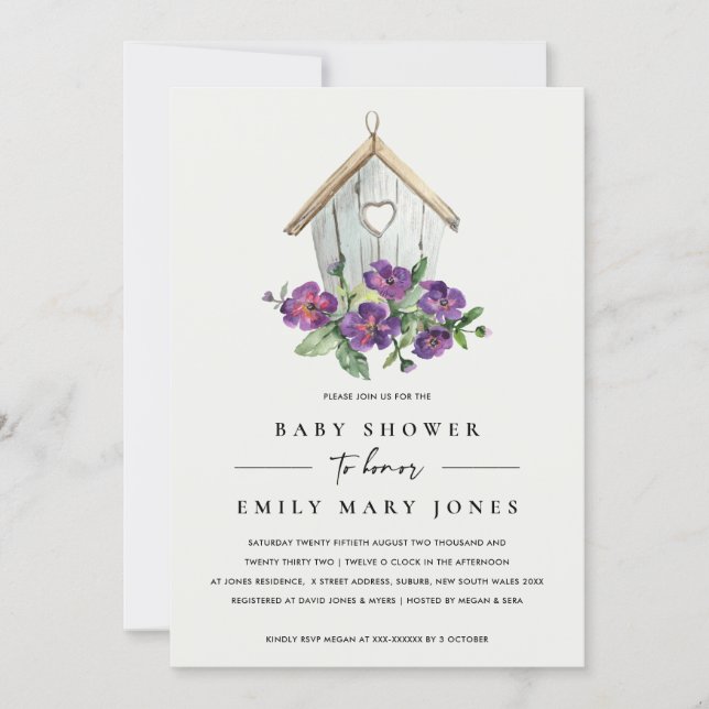 WHITE BOHO RUSTIC FLORAL BIRDHOUSE BABY SHOWER INVITATION (Front)