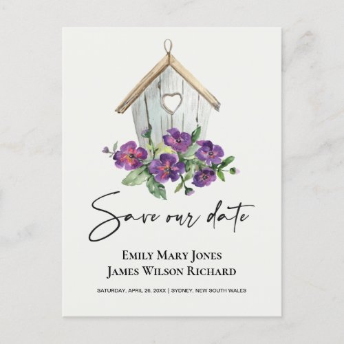 WHITE BOHO RUSTIC FLORAL BIRDHOUSE SAVE THE DATE ANNOUNCEMENT POSTCARD