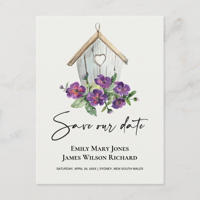 WHITE BOHO RUSTIC FLORAL BIRDHOUSE SAVE THE DATE ANNOUNCEMENT POSTCARD (Front)