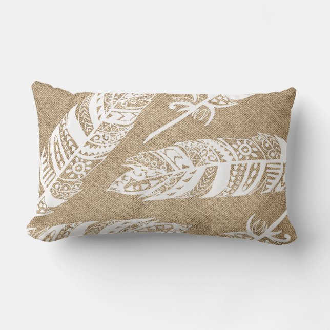 White Boho Tribal Feathers FAUX Burlap Lumbar Pillow (Front)