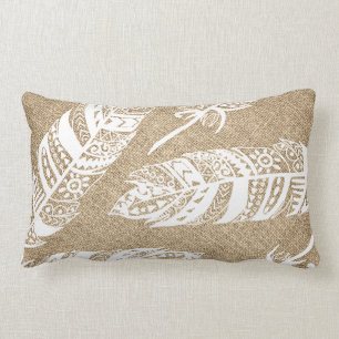 White Boho Tribal Feathers FAUX Burlap Lumbar Pillow