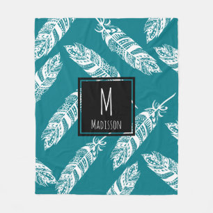 White Boho Tribal Feathers - Personalized Fleece Blanket