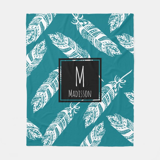 White Boho Tribal Feathers - Personalized Fleece Blanket (Front)