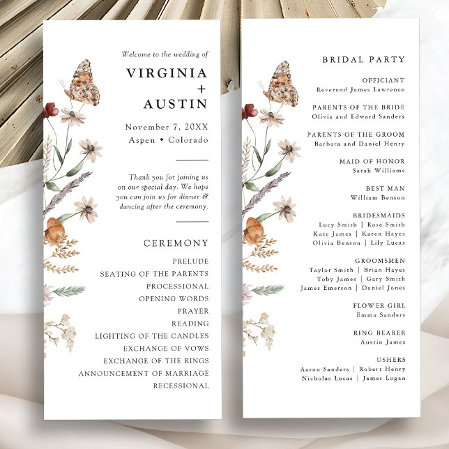 White Boho Wedding Program (White Boho Wildflower Wedding Program with Butterfly by Painted Paperie
)