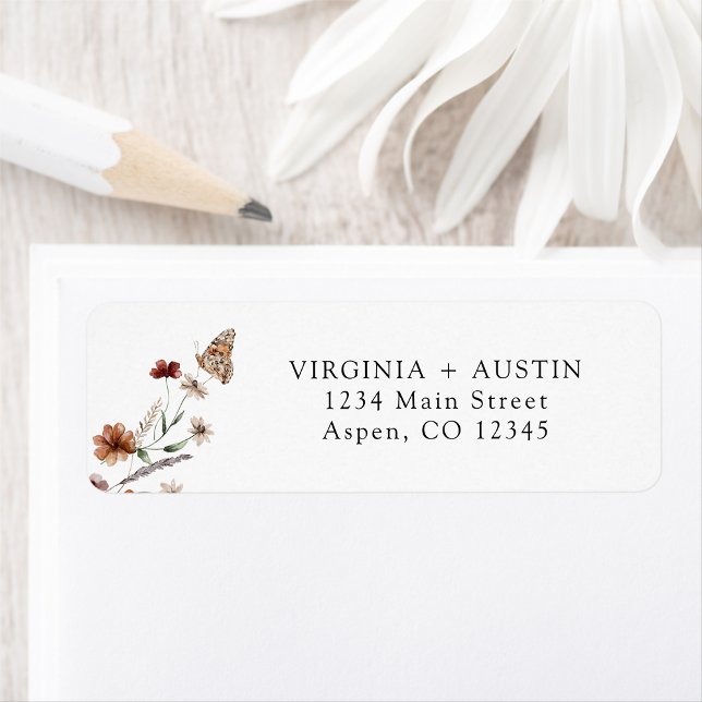 White Boho Wedding Return Address Label (White Boho Floral Wedding Return Address Label with Butterfly by Painted Paperie
)