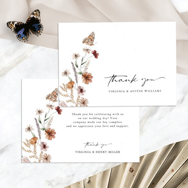 White Boho Wedding Thank You Card (White Boho Floral Wedding Thank You Card with Butterfly by Painted Paperie
)