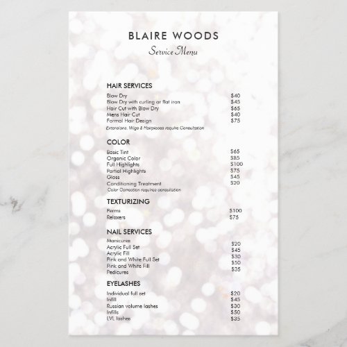 White Bokeh Glitter Hair Salon Price List Menu Flyer