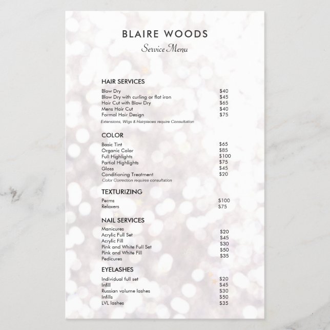 White Bokeh Glitter Hair Salon Price List Menu Flyer (Front)