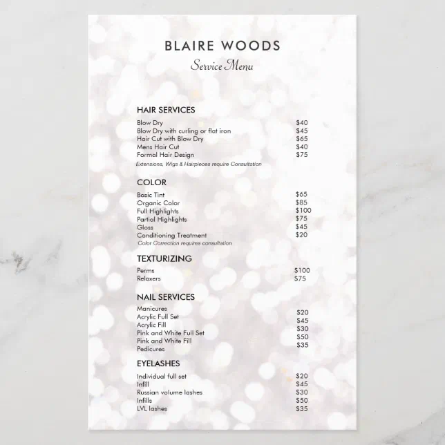 White Bokeh Glitter Hair Salon Price List Menu Flyer | Zazzle