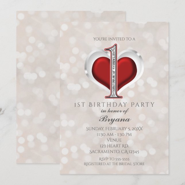 White Bokeh & Red Valentine Glam 1st Birthday Invitation (Front/Back)