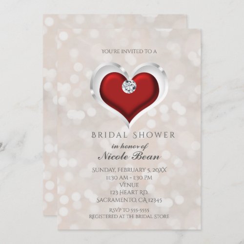 White Bokeh  Red Valentine Glam Bridal Shower Invitation