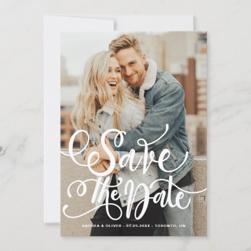 White Bold Modern Calligraphy Overlay Photo Save The Date