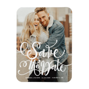 White Bold Modern Calligraphy Save the Date Magnet