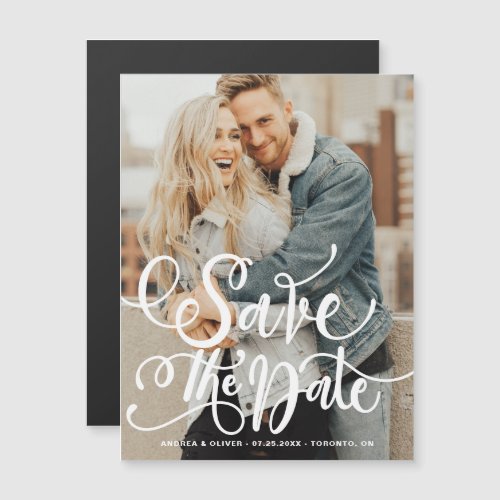 White Bold Modern Calligraphy Save the Date Magnetic Invitation