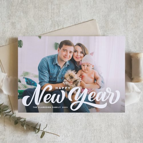 White Bold Script Photo Overlay Happy New Year Holiday Card