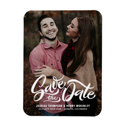 White Bold Script Photo Save the Date Magnet