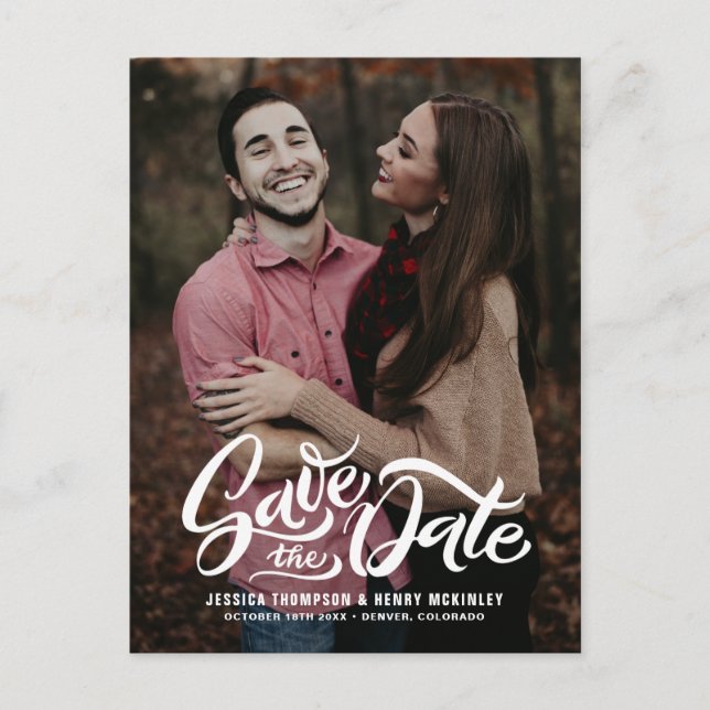 White Bold Script Photo Save the Date Postcard (Front)