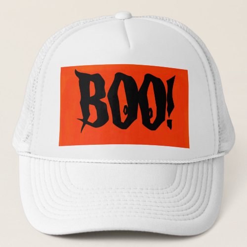 White BOO Trucker Hat in Orange and Black design