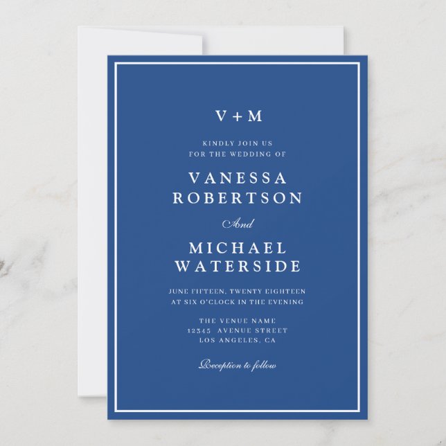 White border Marseille Bleu unique QR Code wedding Invitation (Front)